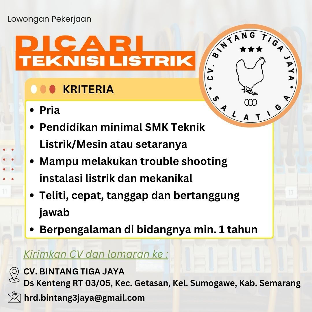 Lowongan Kerja Teknisi Listrik Di Dusun Kenteng Rt 03/05, Kec. Getasan, Kel. Sumogawe, Kab. Semarang - Lowongankerjaonline.id Electrician Job Opening: Kenteng Village, Getasan, Semarang