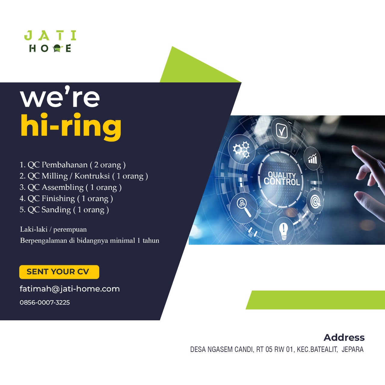 Given The Lack Of The Company Name, Here Are A Few Options, Focusing On Different Aspects: Quality Control Job Opening In Jepara (Simple And Direct) Qc Opportunity Awaits In Jepara (More Appealing) Jepara Seeks Qc Professional (Highlights The Location) Ensure Quality: Qc Position Available In Jepara (Emphasizes Responsibility) Seeking Detail-Oriented Qc Technician In Jepara (Highlights Desired Skills) The Best Choice Depends On The Overall Tone And Branding You Want To Convey.