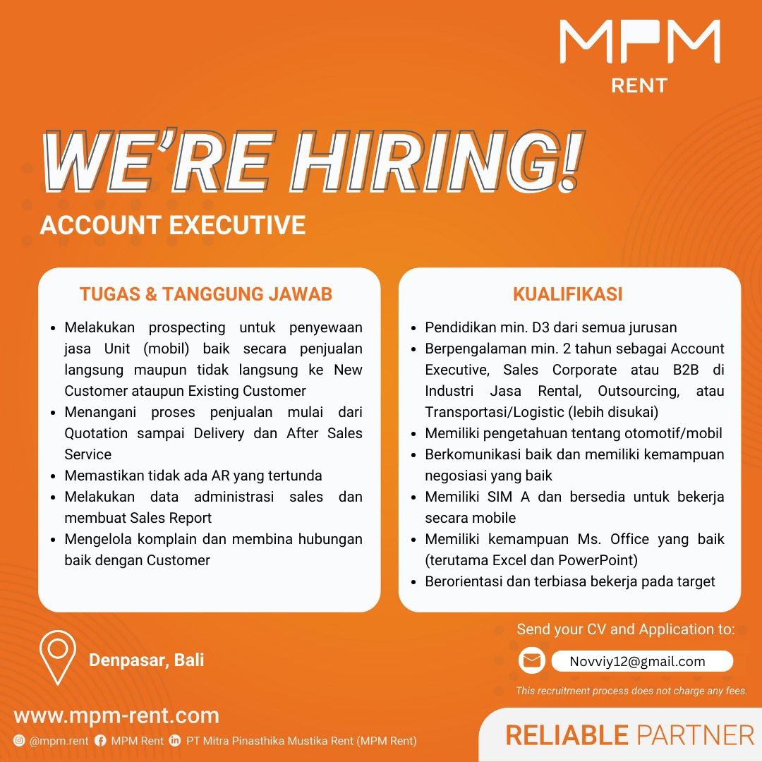 Here Are A Few Options, Playing With Different Angles: Account Executive Opportunity In Paradise (Denpasar, Bali) (Highlights Location) Bali-Based Account Executive Role At [Company Name] (Concise And Clear) Join [Company Name] As An Account Executive In Sunny Denpasar! (Emphasizes Company And Positive Location) Account Executive - Grow Your Career In Bali With [Company Name]! (Highlights Growth And Location) [Company Name] Hiring Account Executive - Denpasar, Bali (Direct And To The Point) The Best Choice Will Depend On The Specific Tone And Emphasis You Want. But I Think Bali-Based Account Executive Role At [Company Name] Is Probably The Most Universally Effective, As It'S Concise And Clearly Communicates The Key Information.