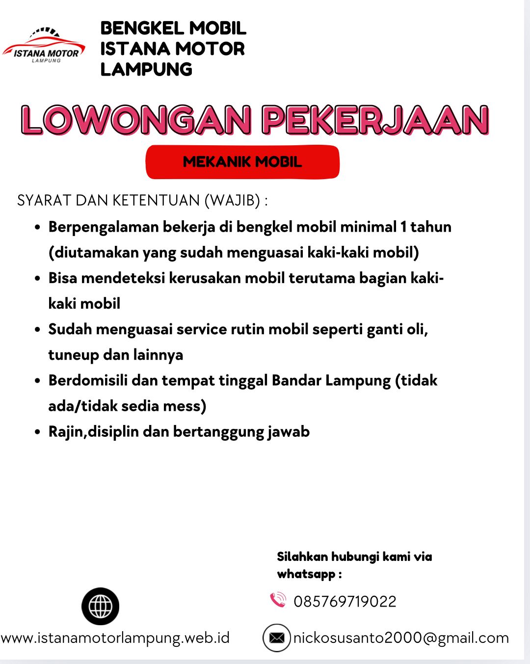 Lowongan Kerja Mekanik Mobil Istana Motor Lampung Di Bandar Lampung - Lowongankerjaonline.id Istana Motor Lampung Hiring Automotive Mechanics