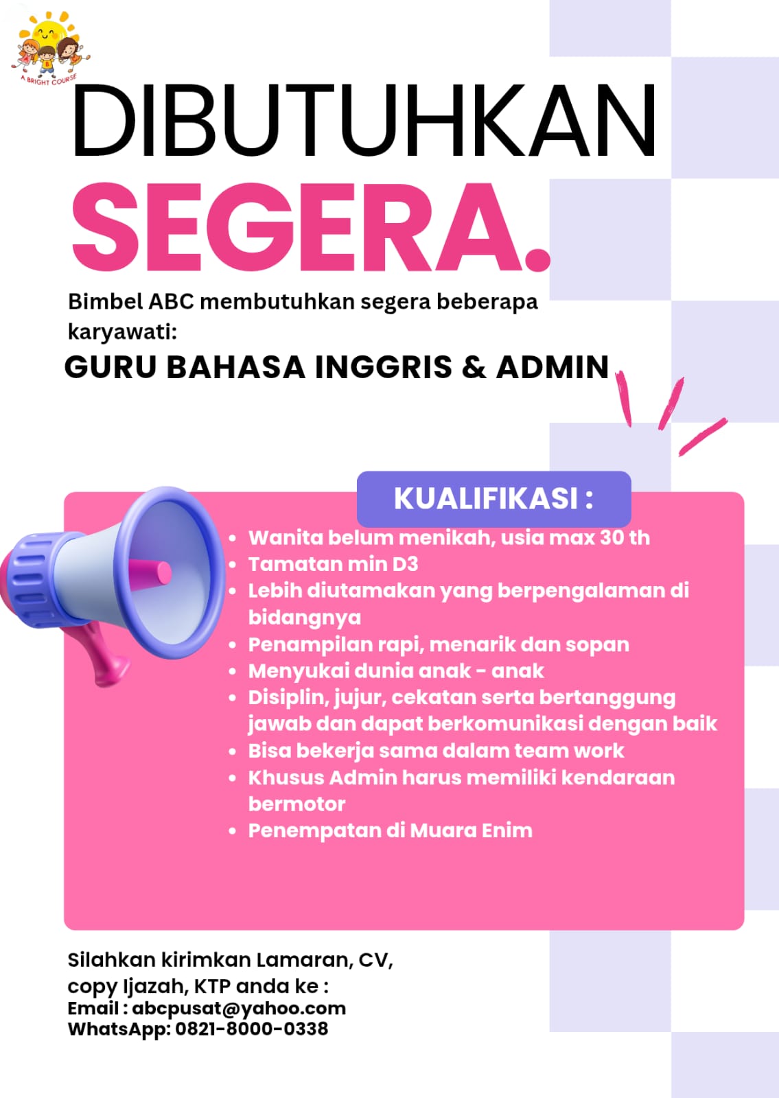 Lowongan Kerja Guru Bahasa Inggris &Amp; Admin Bimbel Abc Di Muara Enim - Lowongankerjaonline.id &Quot;Abc Learning Center Hiring English Teacher &Amp; Admin In Muara Enim&Quot;