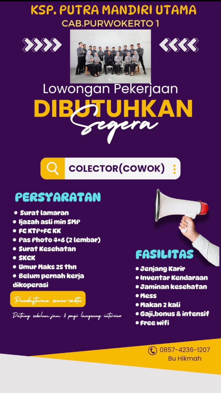 Lowongan Kerja Colector Ksp. Putra Mandiri Utama Di Purwokerto - Lowongankerjaonline.id Here'S A One-Line Alternative Title For &Quot;Lowongan Kerja Colector Ksp. Putra Mandiri Utama Di Purwokerto&Quot;: Penagih Handal Dicari: Ksp Putra Mandiri Utama (Purwokerto)
