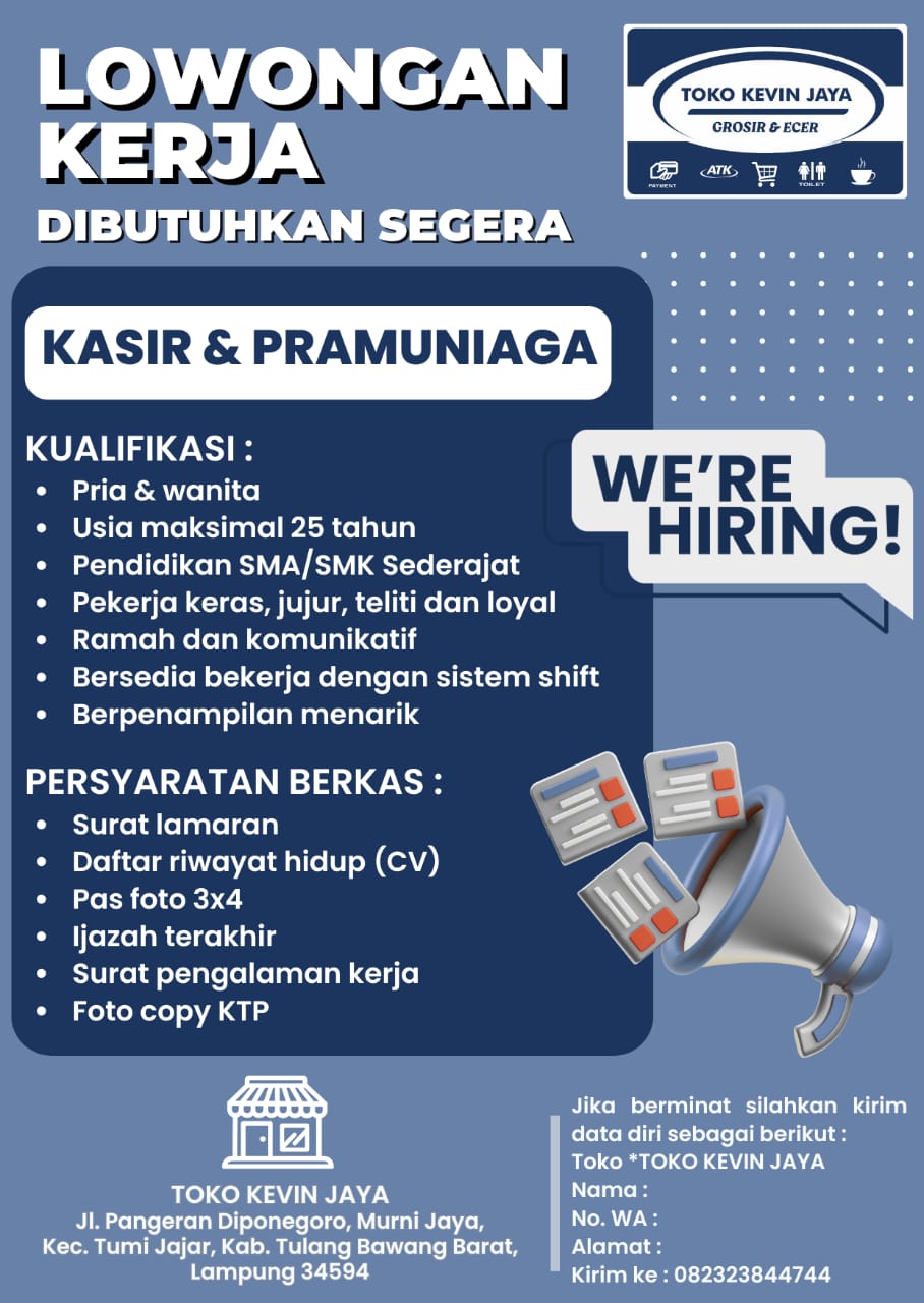 Lowongan Kerja Kasir &Amp; Pramuniaga Toko Kevin Jaya Di Jl Pangeran Diponegoro, Murni Jaya, Kec Tumi Jajar, Kab Tulang Bawang Barat, Lampung - Lowongankerjaonline.id Here'S A Suggestion: Join The Kevin Jaya Team: Cashier &Amp; Sales Associate Opportunities!