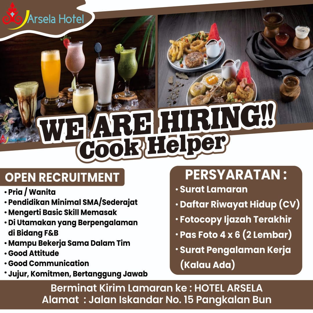 Lowongan Kerja Cook Helper Hotel Arsela Di Pangkalan Bun - Lowongankerjaonline.id Cook Helper - Hotel Arsela, Pangkalan Bun: Join Our Kitchen!