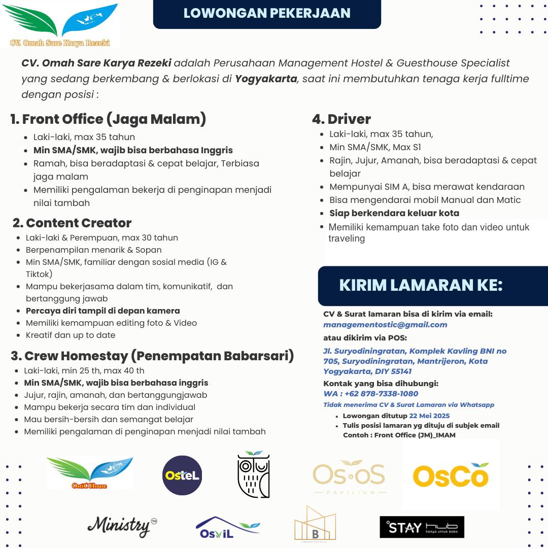 Lowongan Kerja Front Office (Jaga Malam) Di Yogyakarta - Lowongankerjaonline.id Night Owl Receptionist Wanted In Yogyakarta