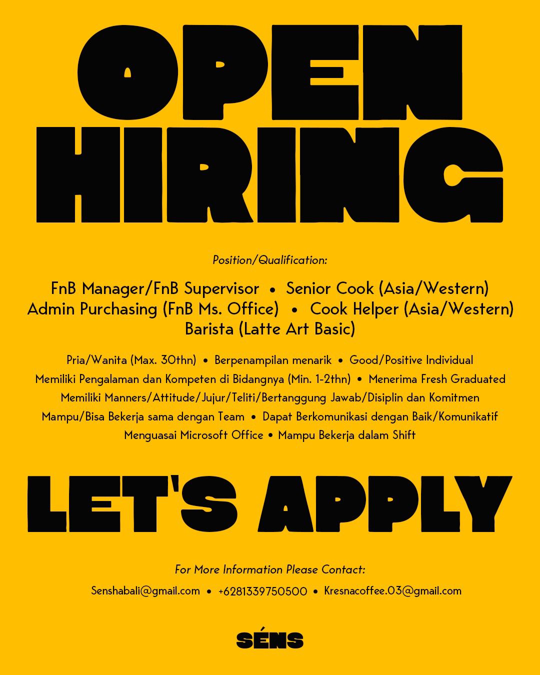 Lowongan Kerja Fnb Manager/Fnb Supervisor, Senior Cook (Asia/Western), Admin Purchasing (Fnb Ms. Office), Cook Helper (Asia/Western), Barista (Latte Art Basic) Di Provinsi Bali, Kab. Badung, Kec. Kuta Utara, Kel. Kerobokan - Lowongankerjaonline.id Here Are A Few Options, Depending On What You Want To Emphasize: Bali F&Amp;B &Amp; Culinary Job Openings (Simple And Broad) Bali'S Hottest Restaurant Jobs (Catchy And Attention-Grabbing) Join Our Bali Culinary Dream Team! (Emphasizes Teamwork) Bali'S F&Amp;B Career Opportunity (Professional And Formal) Bali Is Hiring: F&Amp;B Professionals Wanted (Direct And Action-Oriented)