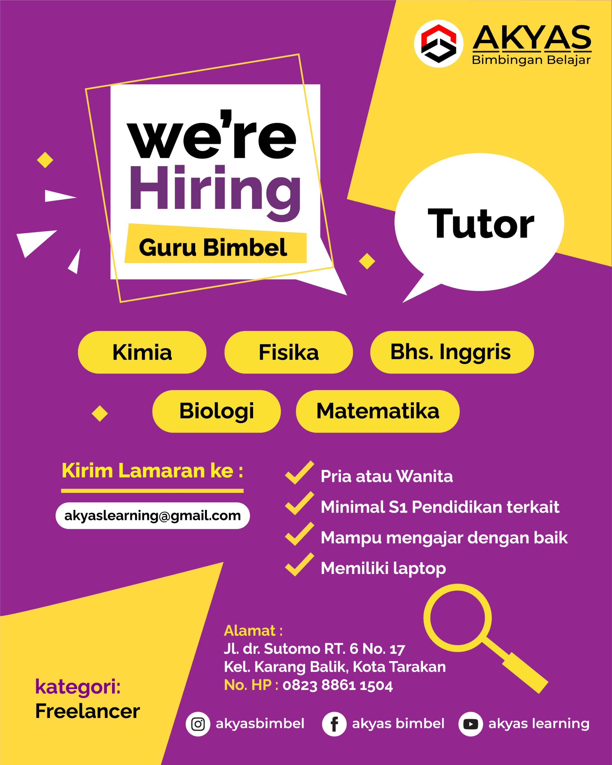Lowongan Kerja Tutor Akyas Bimbingan Belajar Di Tarakan - Lowongankerjaonline.id Akyas Learning Center Tarakan: Tutor Opportunities Await!